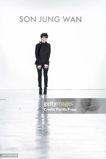 Designer Son Jung Wan walks runway for Son Jung Wan Fall/Winter 2017 collection runway show during New York Fashion Week at Skylight Clarkson Sq.,...