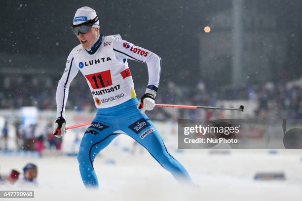 Adam Cieslar of Poland competes in the Men's Nordic Combined HS130 Ski Jumping / 2 x 7.5km Team Sprint Cross Country during the FIS Nordic World Ski...