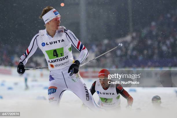 Magnus Hovdal Moan of Norway competes in the Men's Nordic Combined HS130 Ski Jumping / 2 x 7.5km Team Sprint Cross Country during the FIS Nordic...