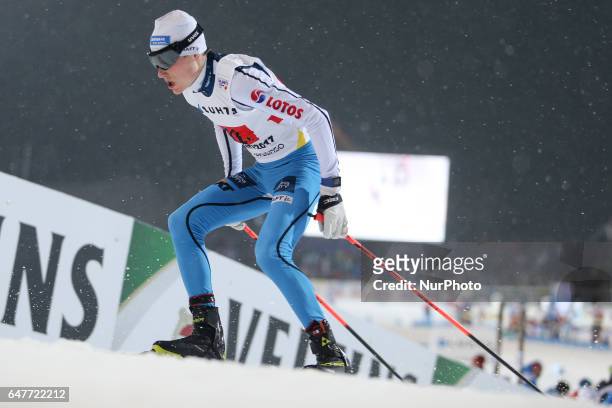 Adam Cieslar of Poland competes in the Men's Nordic Combined HS130 Ski Jumping / 2 x 7.5km Team Sprint Cross Country during the FIS Nordic World Ski...