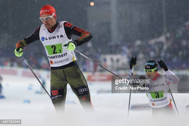 Johannes Rydzek competes in the Men's Nordic Combined HS130 Ski Jumping / 2 x 7.5km Team Sprint Cross Country during the FIS Nordic World Ski...