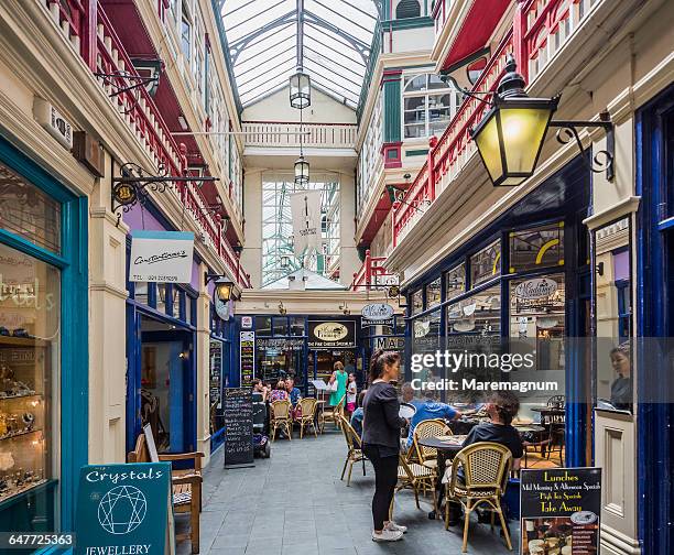 cardiff city centre, view of the castle arcade - cardiff castle stock pictures, royalty-free photos & images