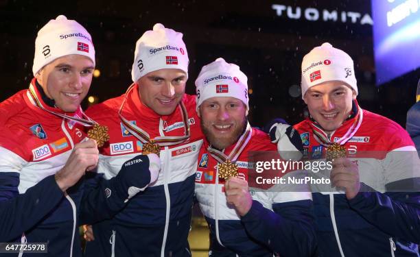 Norway Team during the Awards Ceremony of Men cross-country 4 x 10.0km Relay Classic/Free, at FIS Nordic World Ski Championship 2017 on Friday, March...