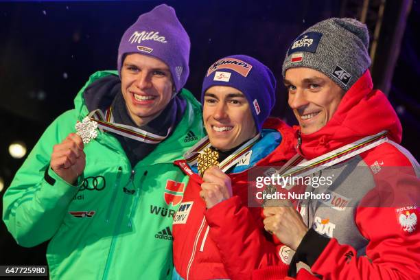 Andreas Wellinger from Germany, Stefan Kraft from Austria and Piotr Zyla from Poland - the podium of Men Large Hill Individual final in ski jumping,...