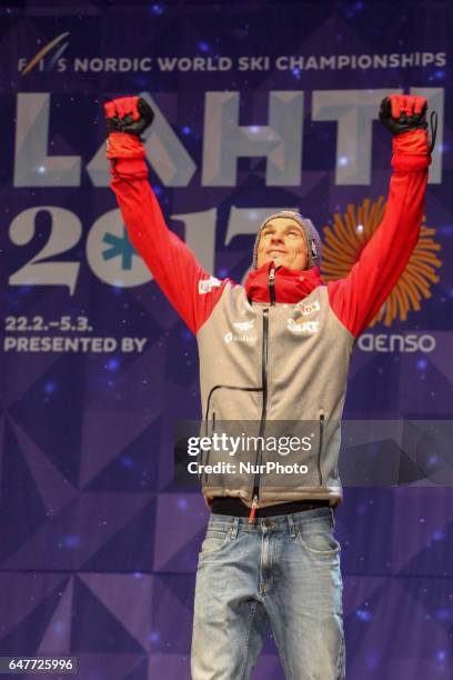 Piotr Zyla from Poland with his BRONZE medal during the Award Ceremony of Men Large Hill Individual, in ski jumping, at FIS Nordic World Ski...