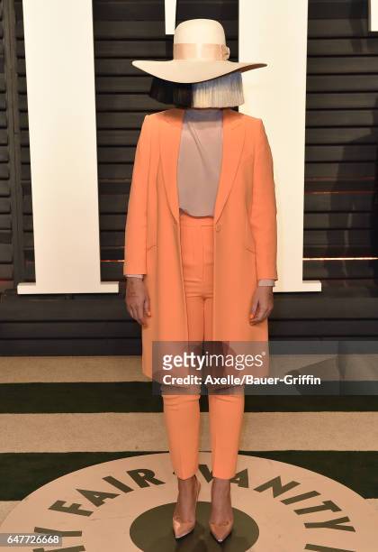 Singer Sia arrives at the 2017 Vanity Fair Oscar Party Hosted By Graydon Carter at Wallis Annenberg Center for the Performing Arts on February 26,...