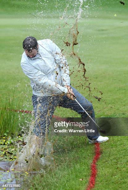 Duncan Stewart of Scotland plays from the water on the 3rd during day three of the Tshwane Open at Pretoria Country Club on March 4, 2017 in...