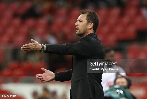 Tony Popovic, coach of the Wanderers, looks on during the round 22 A-League match between the Western Sydney Wanderers and Adelaide United at...