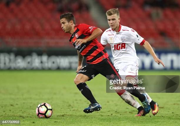 Nicolas Martinez of the Wanderers looks upfield during the round 22 A-League match between the Western Sydney Wanderers and Adelaide United at...