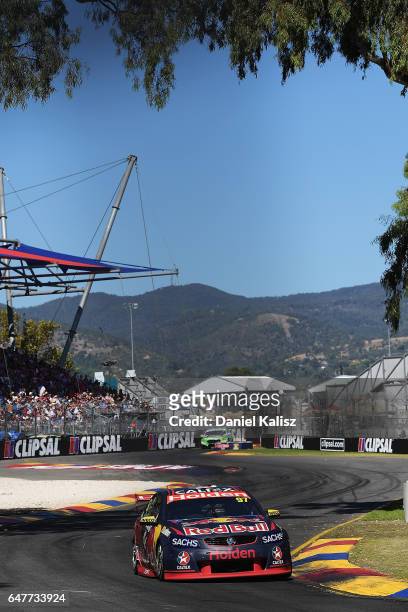 Shane Van Gisbergen drives the Red Bull Holden Racing Team Holden Commodore VF during race 1 for the Clipsal 500, which is part of the Supercars...