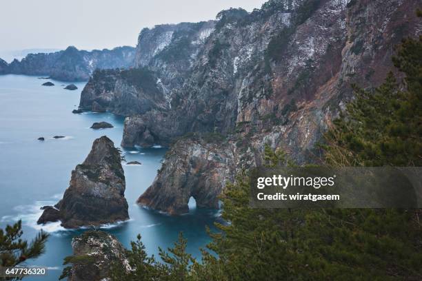 japan, tohoku region, iwate prefecture, sanriku coast, tanahota, cliff and oddly-shaped rocks at kitayamazaki. - iwate prefecture stock pictures, royalty-free photos & images