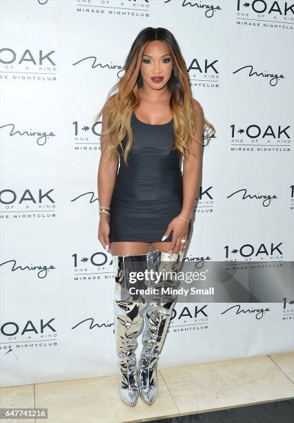 Television personality Malika Haqq arrives at her 34th birthday celebration at 1 OAK Nightclub at The Mirage Hotel & Casino on March 4, 2017 in Las...