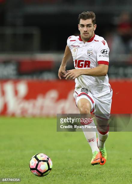 Ben Garuccio of Adelaide United looks upfield during the round 22 A-League match between the Western Sydney Wanderers and Adelaide United at Spotless...
