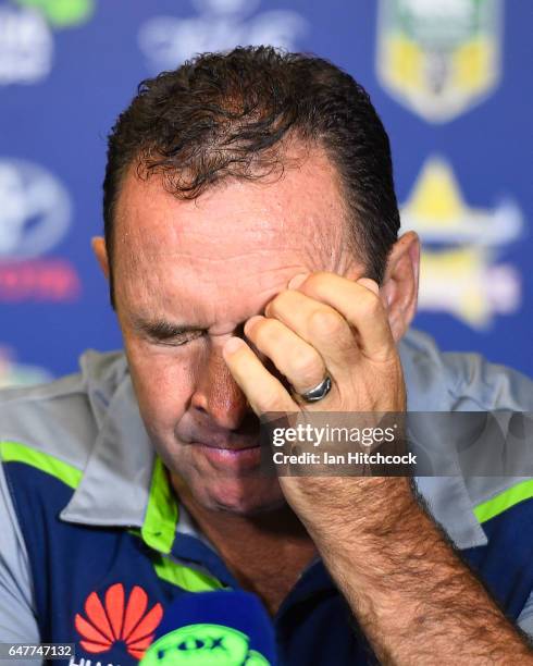 Raiders coach Ricky Stuart reacts in the at the post match media conference at the end of during the round one NRL match between the North Queensland...