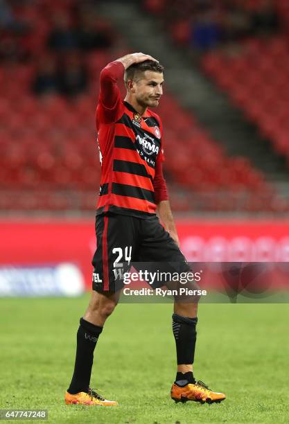 Terry Antonis of the Wanderers reacts after missing a shot on goal during the round 22 A-League match between the Western Sydney Wanderers and...