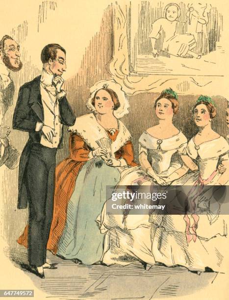 slimy-looking victorian man ogling a selection of ladies - victorian gown stock illustrations