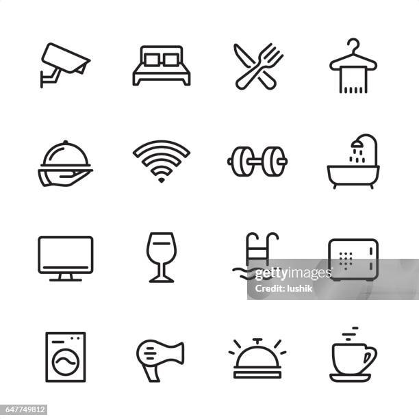 ilustraciones, imágenes clip art, dibujos animados e iconos de stock de hotel - conjunto de iconos de contorno - television set