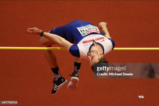 Allan Smith of Great Britain competes in the Men's High Jump qualification on day two of the 2017 European Athletics Indoor Championships at the...