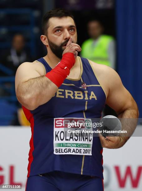 Asmir Kolasinac of Serbia competes in the Men's Shot Put qualification on day two of the 2017 European Athletics Indoor Championships at the Kombank...