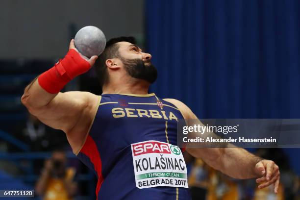 Asmir Kolasinac of Serbia competes in the Men's Shot Put qualification on day two of the 2017 European Athletics Indoor Championships at the Kombank...