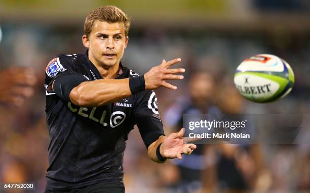 Patrick Lambie of the Sharks in action during the round two Super Rugby match between the Brumbies and the Sharks at GIO Stadium on March 4, 2017 in...