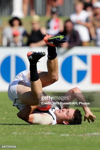 Jackson Ramsay of the Magpies marks the ball during the 2017 JLT Community Series AFL match between the Fremantle Dockers and the Collingwood Magpies...