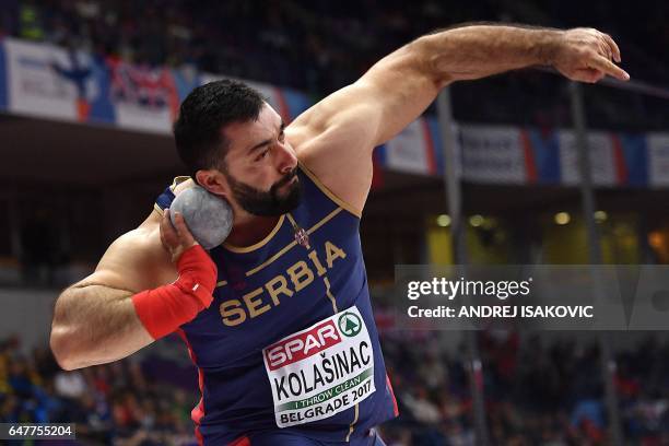 Serbia's Asmir Kolasinac competes in the men's shot put qualifications at the 2017 European Athletics Indoor Championships in Belgrade on March 4,...
