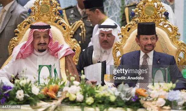 King of Saudi Arabia Salman bin Abdulaziz Al Saud attends a meeting with Brunei's Sultan Hassanal Bolkiah at Istana Nurul Iman Palace in Bandar Seri...