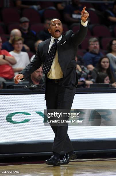 Head coach Damon Stoudamire of the Pacific Tigers reacts during a first-round game of the West Coast Conference Basketball Tournament against the...