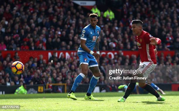 Marcos Rojo of Manchester United scores his sides first goal during the Premier League match between Manchester United and AFC Bournemouth at Old...