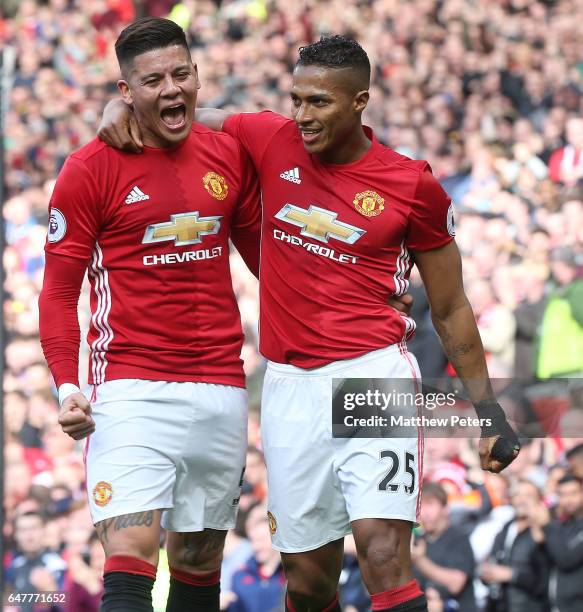 Marcos Rojo of Manchester United celebrates scoring their first goal during the Premier League match between Manchester United and AFC Bournemouth at...