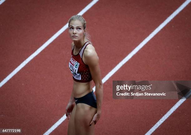Darya Klishina of Russia competes in the Women's Long Jump qualification on day two of the 2017 European Athletics Indoor Championships at the...