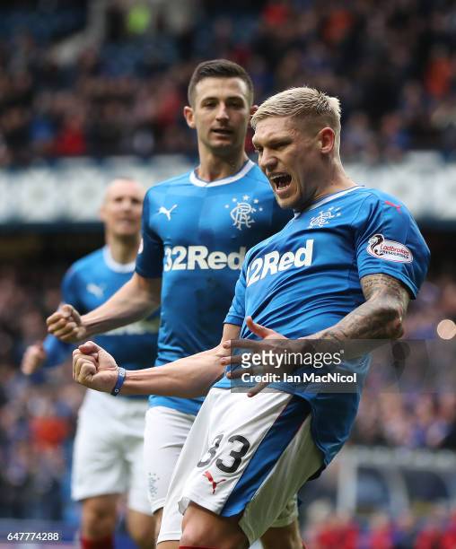 Martyn Waghorn of Rangers celebrates after he scores from the penalty spot during the Scottish Cup Quarter final match between Rangers and Hamilton...