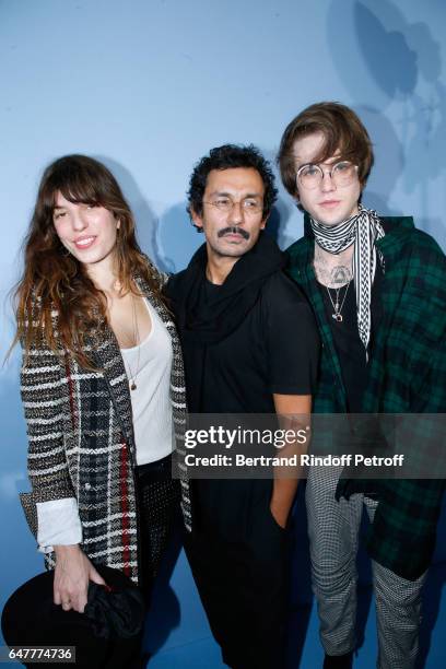 Lou Doillon, Stylist Haider Ackermann and Gabriel-Kane Day-Lewis pose backstage after the Haider Ackermann show as part of the Paris Fashion Week...