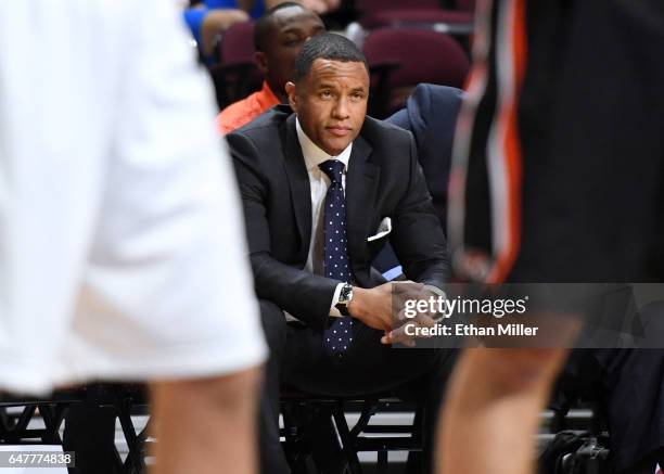 Head coach Damon Stoudamire of the Pacific Tigers looks on during a first-round game of the West Coast Conference Basketball Tournament against the...