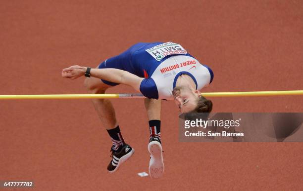 Belgrade , Serbia - 4 March 2017; Allan Smith of Great Britain competing in the Men's High Jump Qualifiers during the European Indoor Athletics...