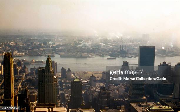 Panoramic view facing east of Midtown Manhattan between 42nd and 52nd Streets, from Park Avenue down to the East River, in New York City, New York,...