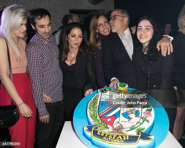 Lara Coppola, Nayib Estefan, Lili Estefan, Emilio Estefan, Gloria Estefan and Emily Estefan celebrate Emilio's birthday during grand opening of the...