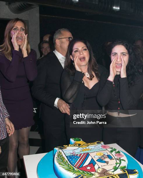 Lara Coppola, Nayib Estefan, Lili Estefan, Emilio Estefan, Gloria Estefan and Emily Estefan celebrate Emilio's birthday during grand opening of the...