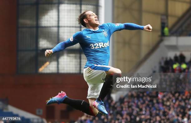 Joe Garner of Rangers celebrates scoring his team's sixth goal during the Scottish Cup Quarter final match between Rangers and Hamilton Academical at...