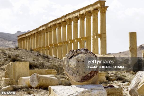 Picture taken on March 4, 2017 shows fallen columns at the site of the ancient city of Plamyra in central Syria. Syrian troops backed by Russian jets...