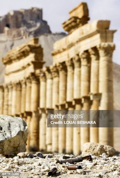 Picture taken on March 4, 2017 shows spent ammunition cartridges on the ground at the site of the ancient city of Plamyra in central Syria. Syrian...