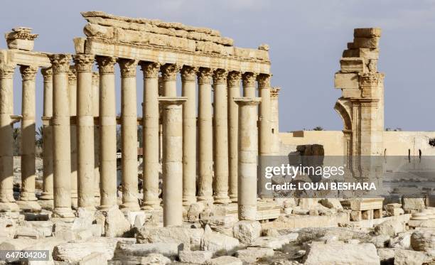 Picture taken on March 4, 2017 shows the damaged site of the ancient city of Palmyra in central Syria. Syrian troops backed by Russian jets completed...