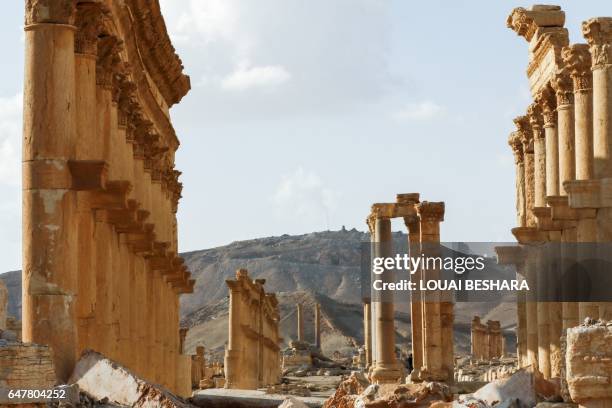 Picture taken on March 4, 2017 shows the damaged site of the ancient city of Palmyra in central Syria. Syrian troops backed by Russian jets completed...