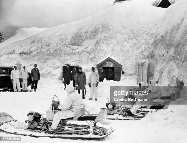 Mounted on their motorized toboggans, mountain troops of the U.S. Army pop out of their caves in the snowbank they have made their home while on...