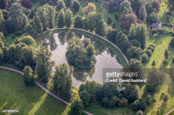An aerial view of the burial site of Diana, Princess of Wales on Septer 9, 2006. The Round Oval lake is located in the Althorp Estate, home to...