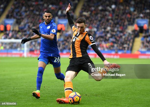 Andrew Robertson of Hull City crosses the ball during the Premier League match between Leicester City and Hull City at The King Power Stadium on...