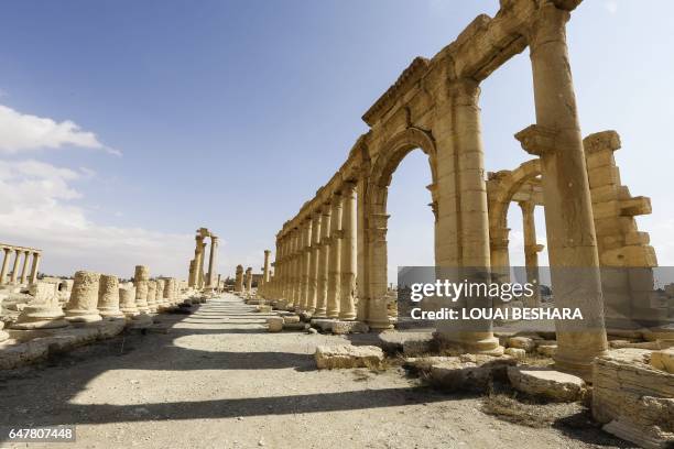 Picture taken on March 4, 2017 shows the damaged site of the ancient city of Palmyra in central Syria. Syrian troops backed by Russian jets completed...