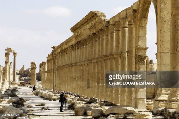 Picture taken on March 4, 2017 shows the damaged site of the ancient city of Palmyra in central Syria. Syrian troops backed by Russian jets completed...