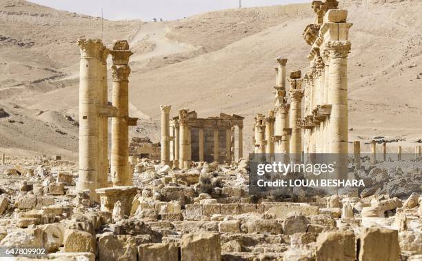 Picture taken on March 4, 2017 shows the damaged site of the ancient city of Palmyra in central Syria. Syrian troops backed by Russian jets completed...